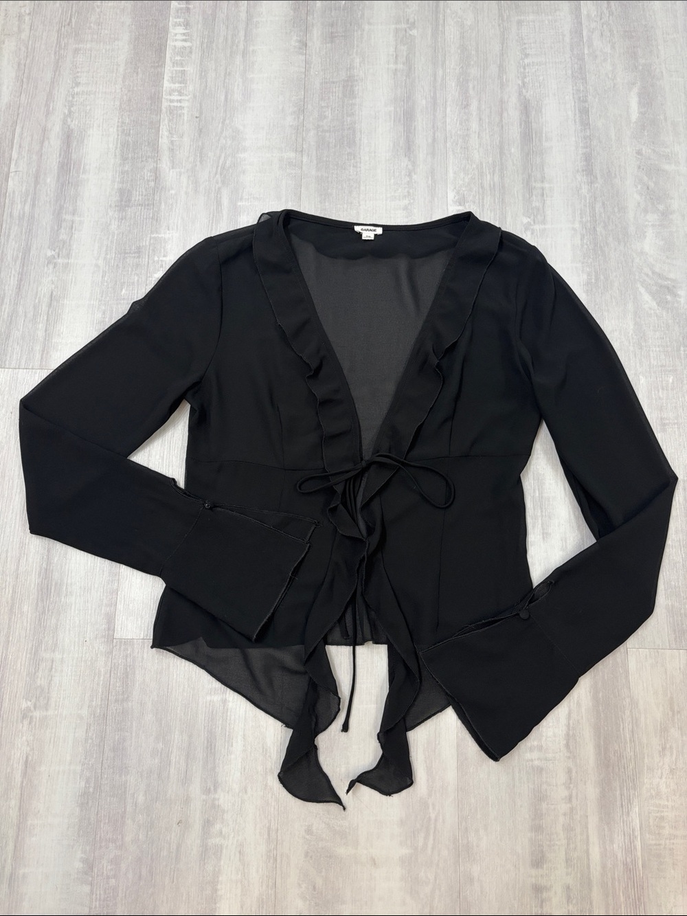 Garage Sheer Black Ruffle Tie-Front Blouse with Bell Sleeves Medium
